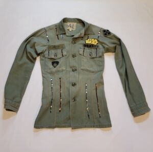 Jacket Utility Military Button Up Upcycled Patchwork  Shirt Size Small
